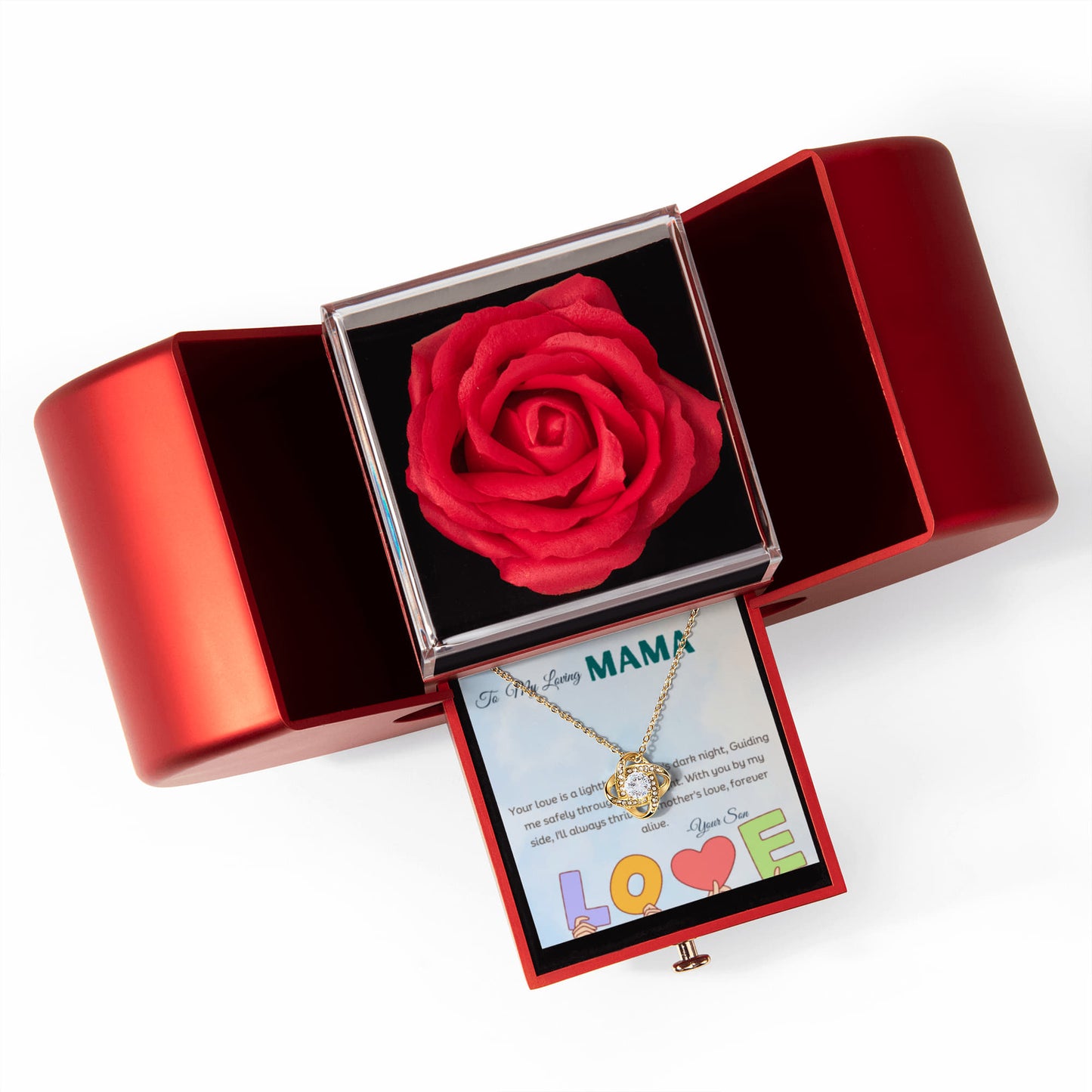 Love knot gold color necklace in a heart shaped rose gift box with a message card in a white background