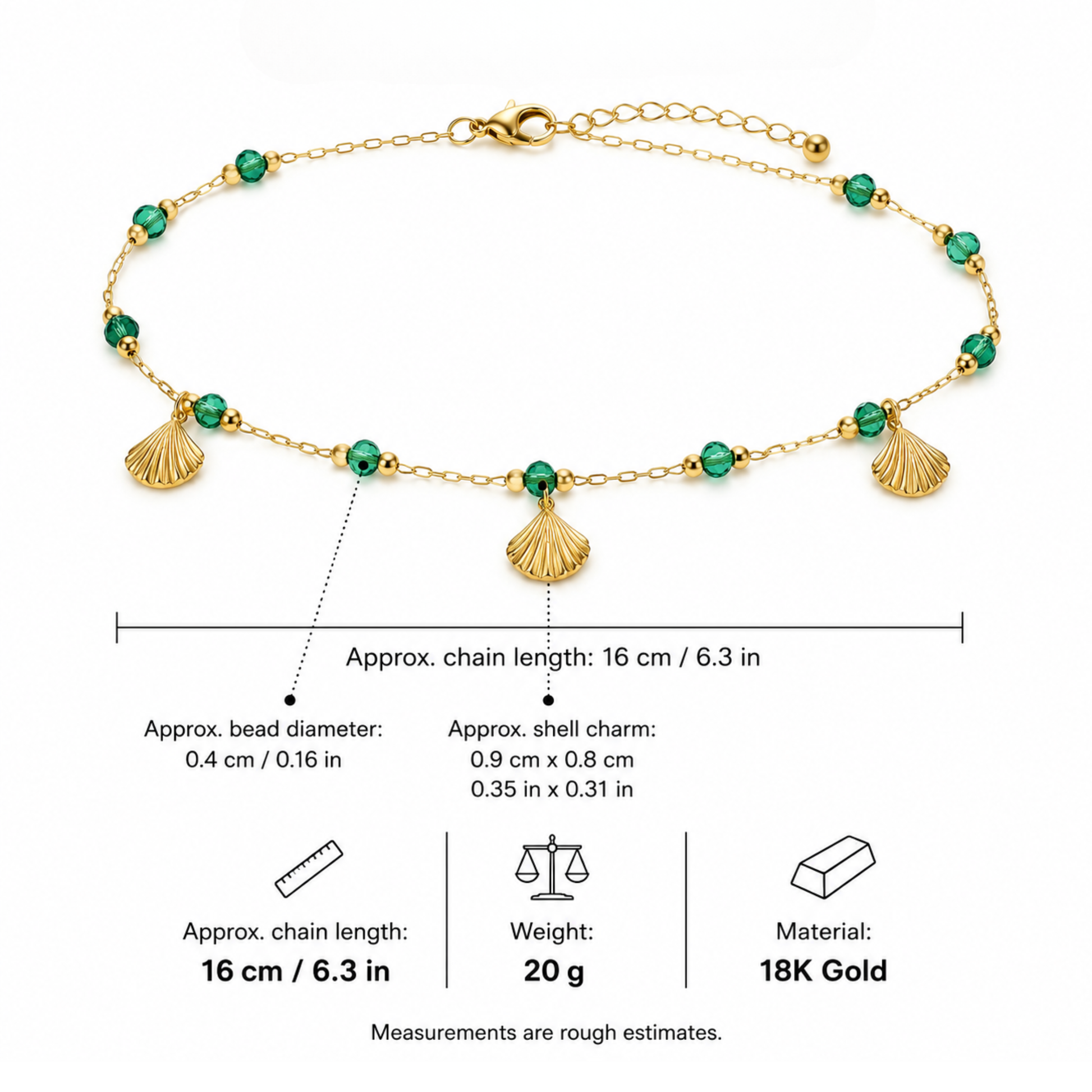 Gold anklet with green beads and shell charms, showing measurements and material details.