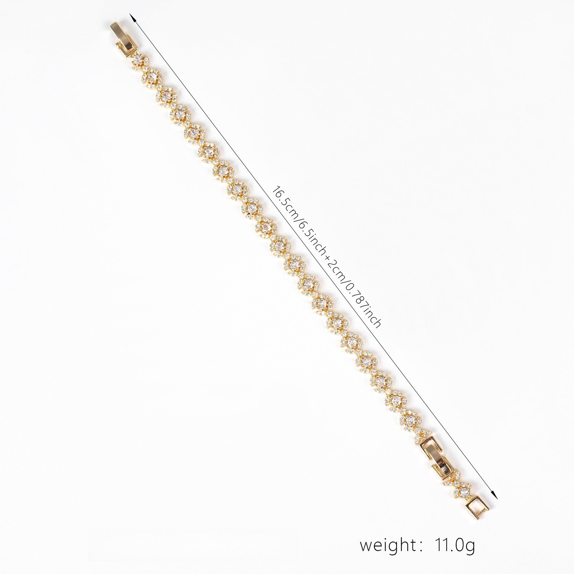 Gold bracelet with measurement details on a white background