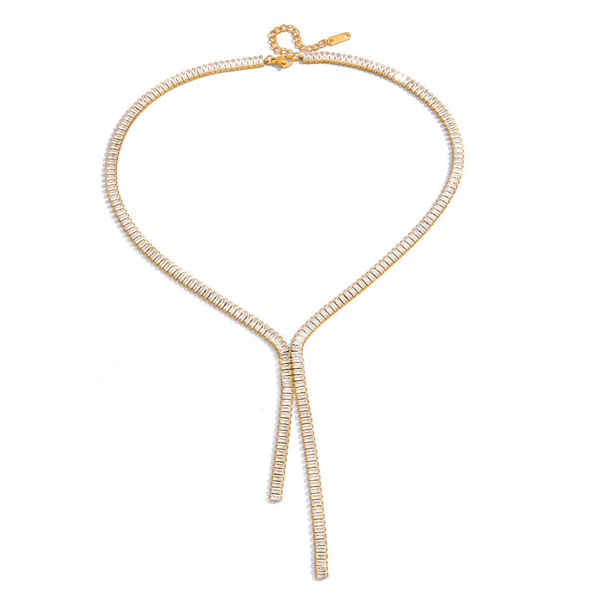 Gold necklace with a bow design on a white background