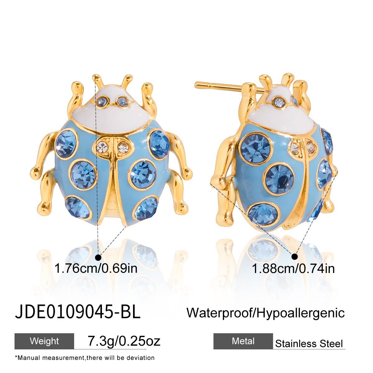 Blue and gold ladybug earrings with measurements and material details on a white background