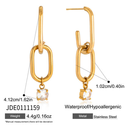 Gold hoop earrings with a central gemstone, showing measurements and material details.