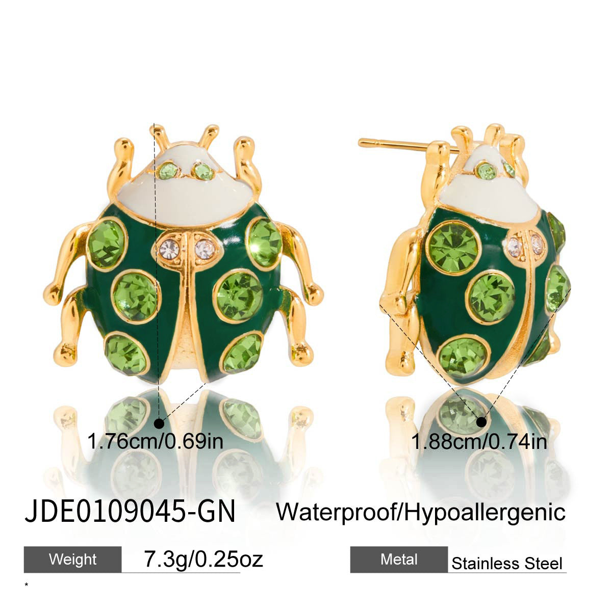 Green and gold beetle-shaped earrings with measurements and material details on a white background