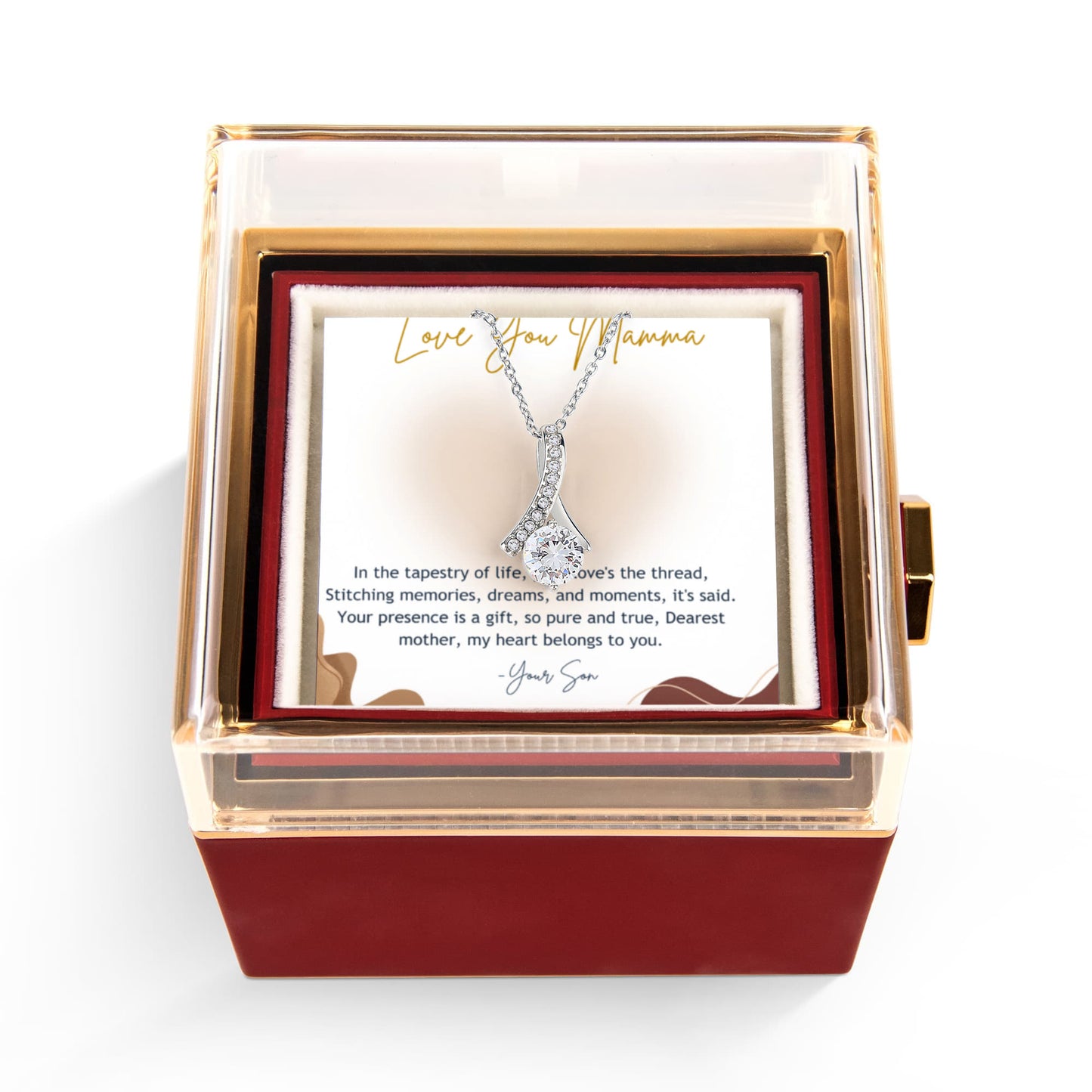 Alluring beauty necklace with rotating rose gift box with message card