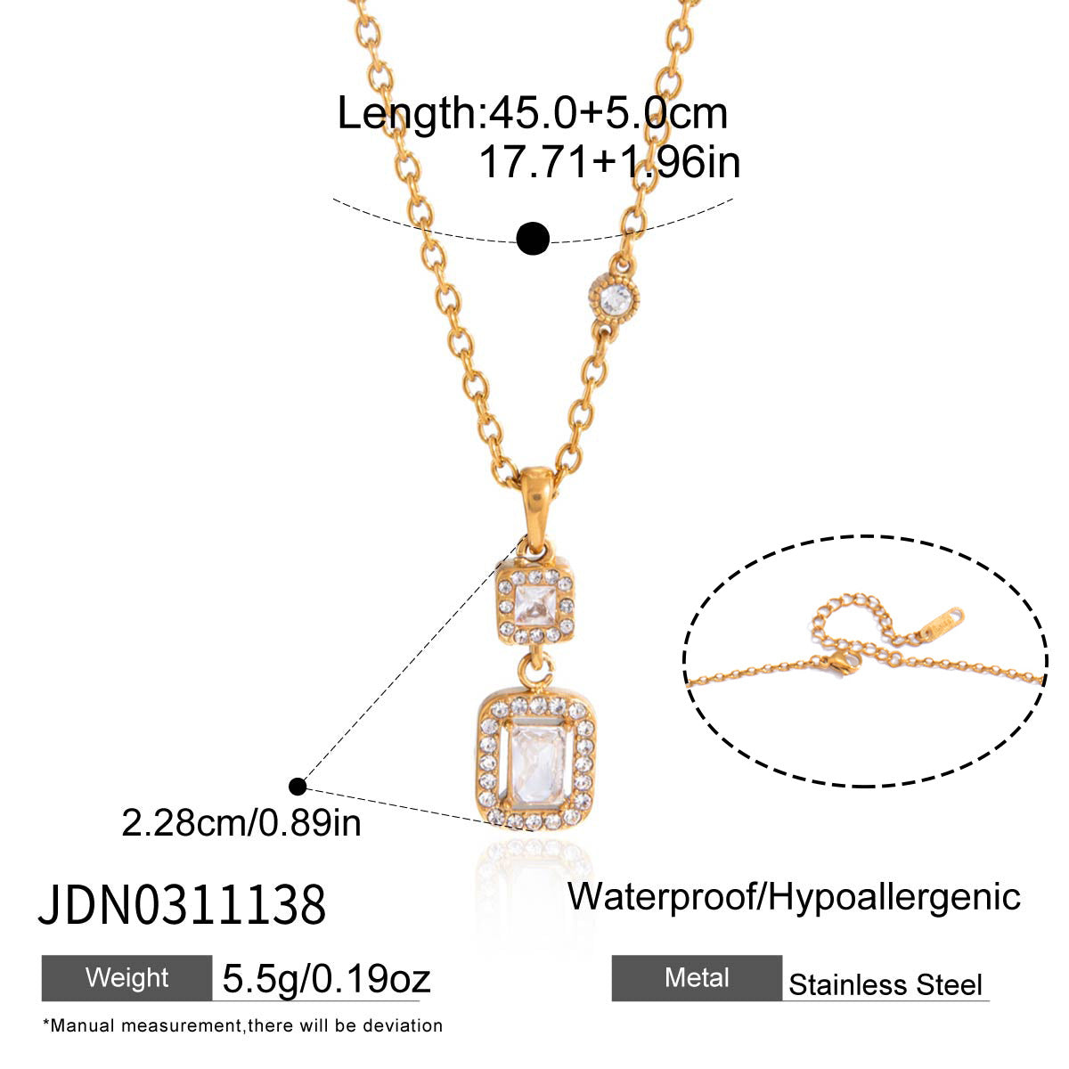 Gold necklace with pendant, showing measurements and material details on a white background.
