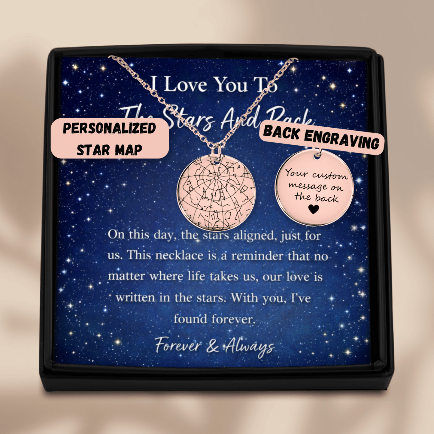 Necklace with star map design in a decorative box with text about love and stars.
