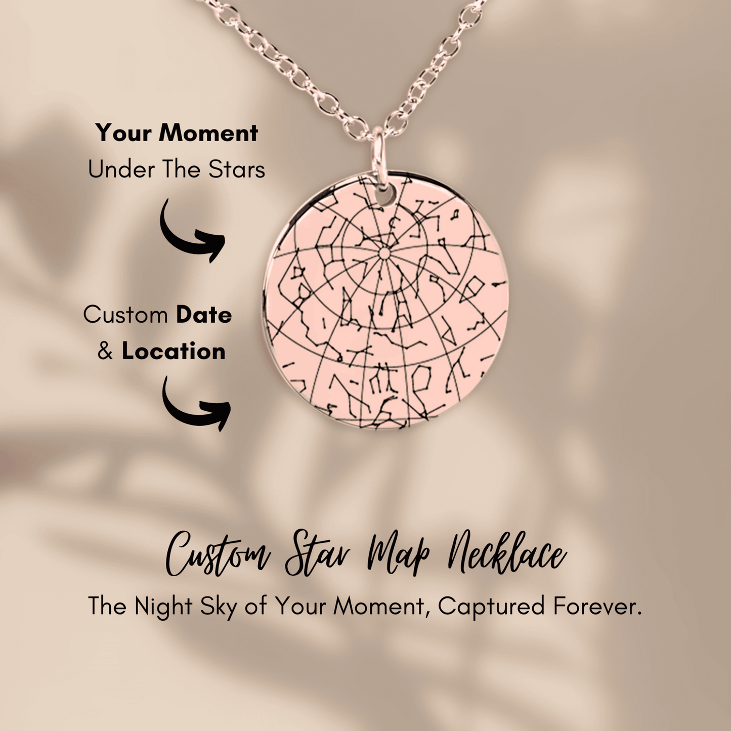 Custom star map necklace on a beige background with text about customization.