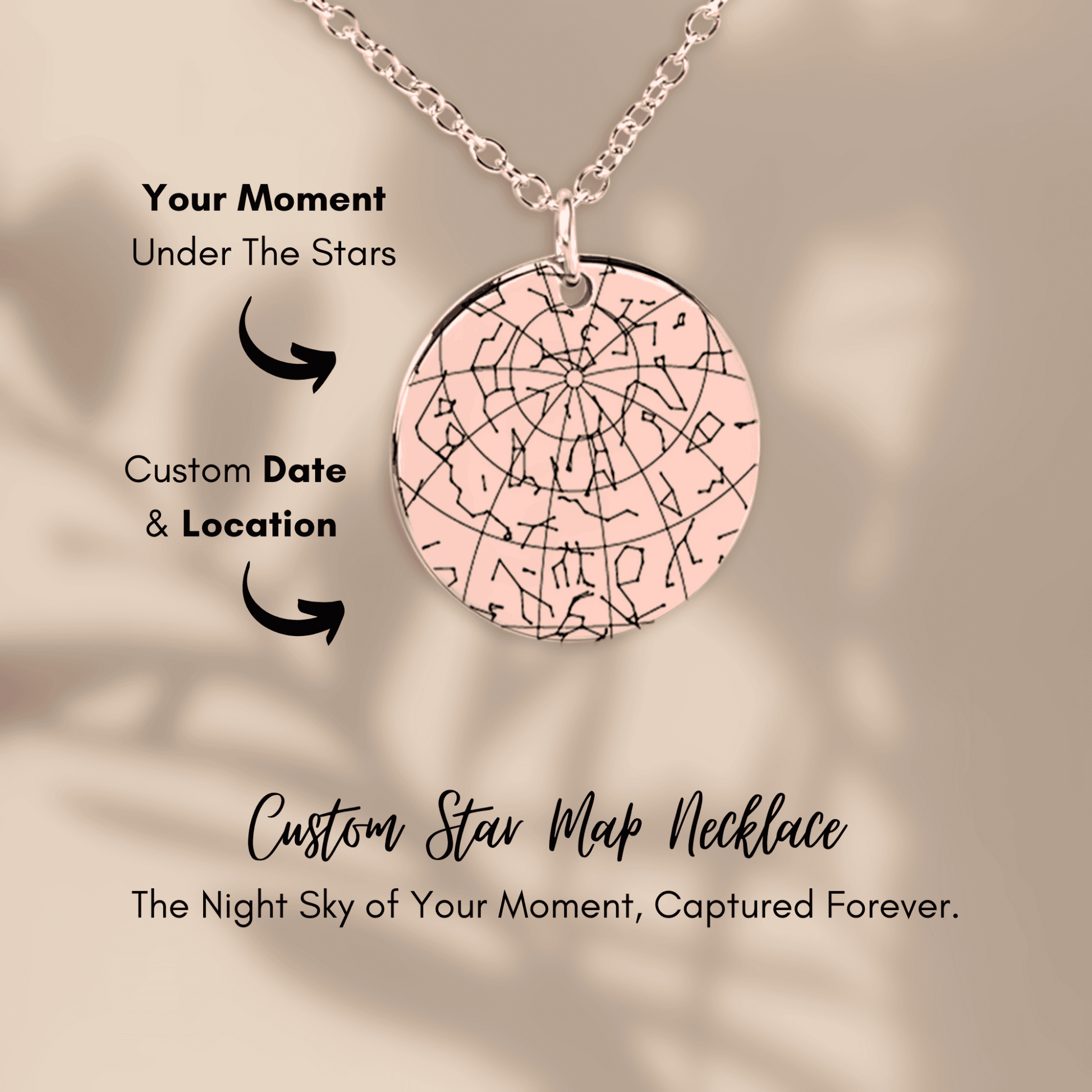 Custom star map necklace on a beige background with text about customization.