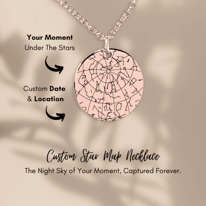 Custom star map necklace on a beige background with text about customization.