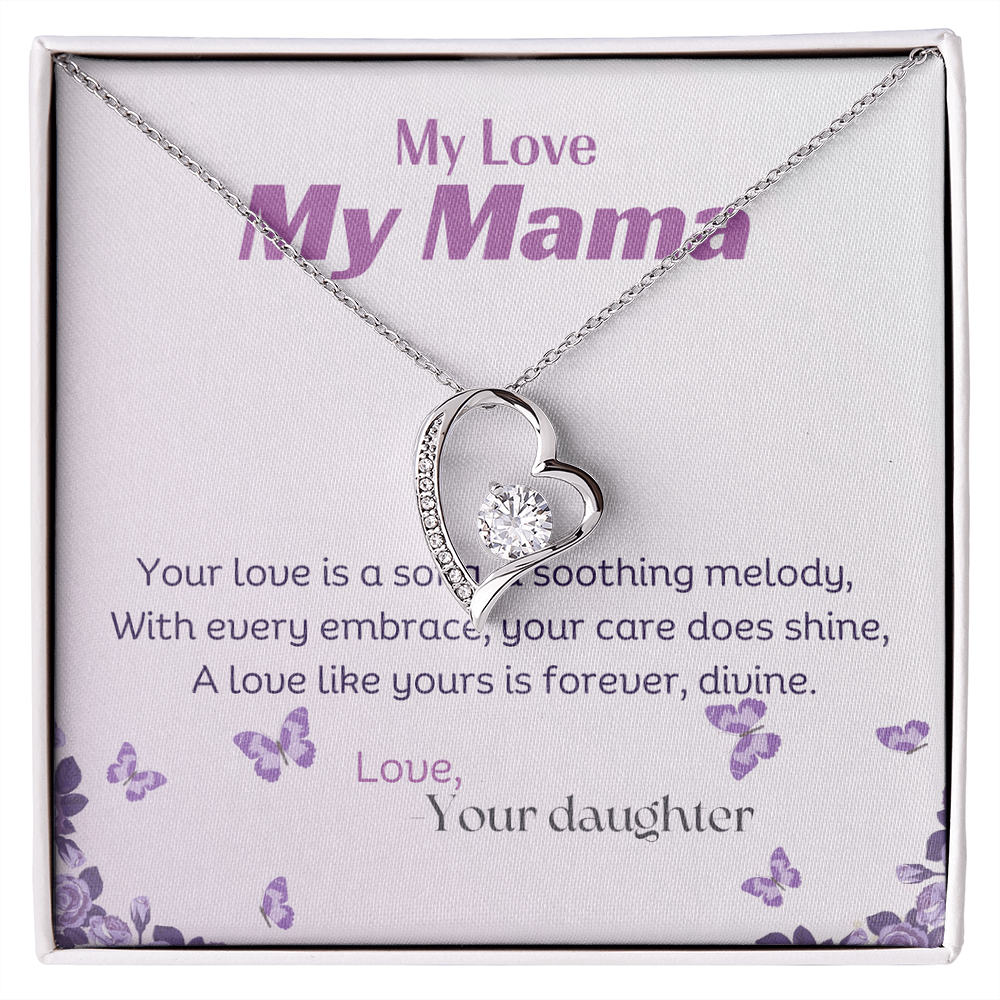 Forever love necklace with a message card within a standard box 