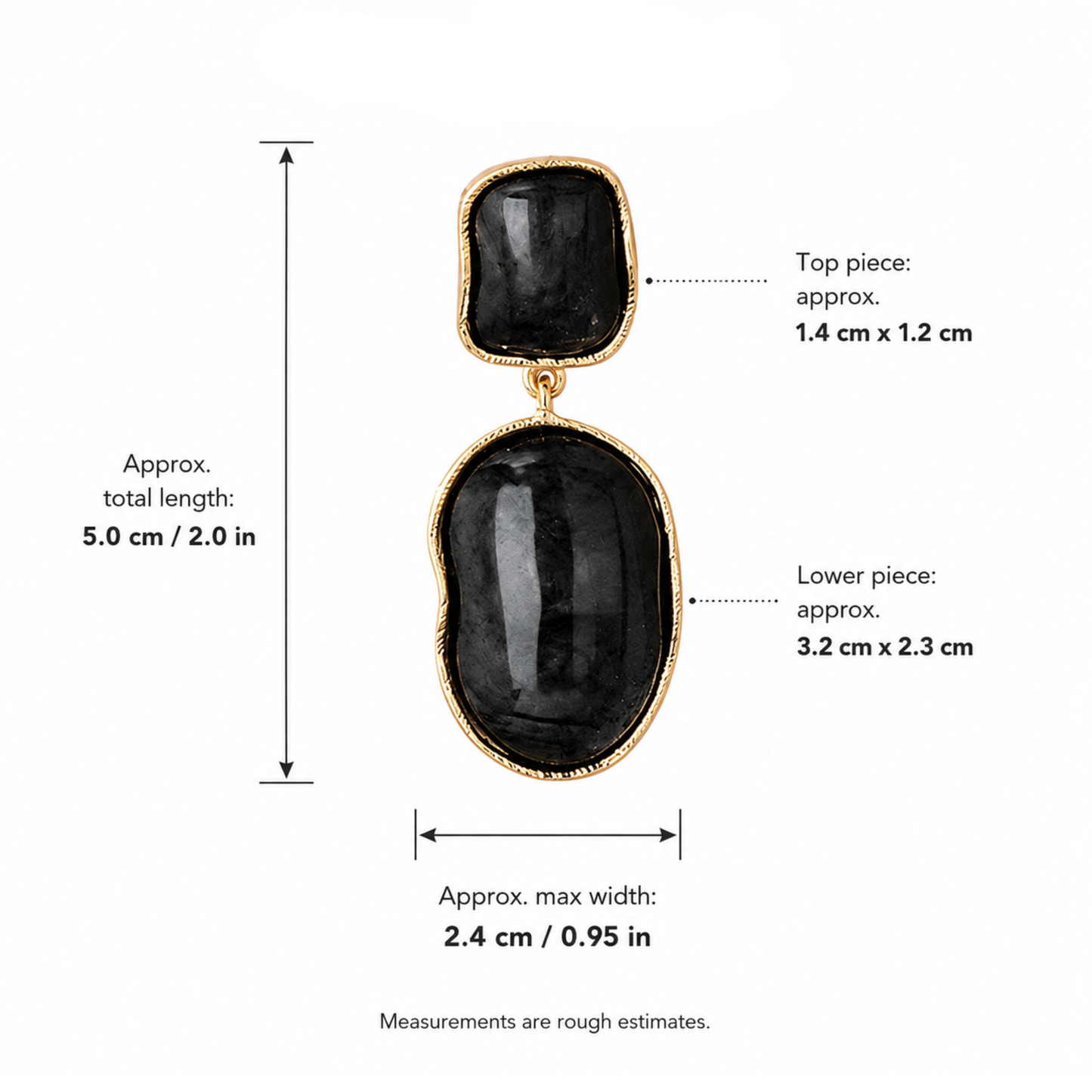 Black stone earrings with gold accents and measurements on a white background