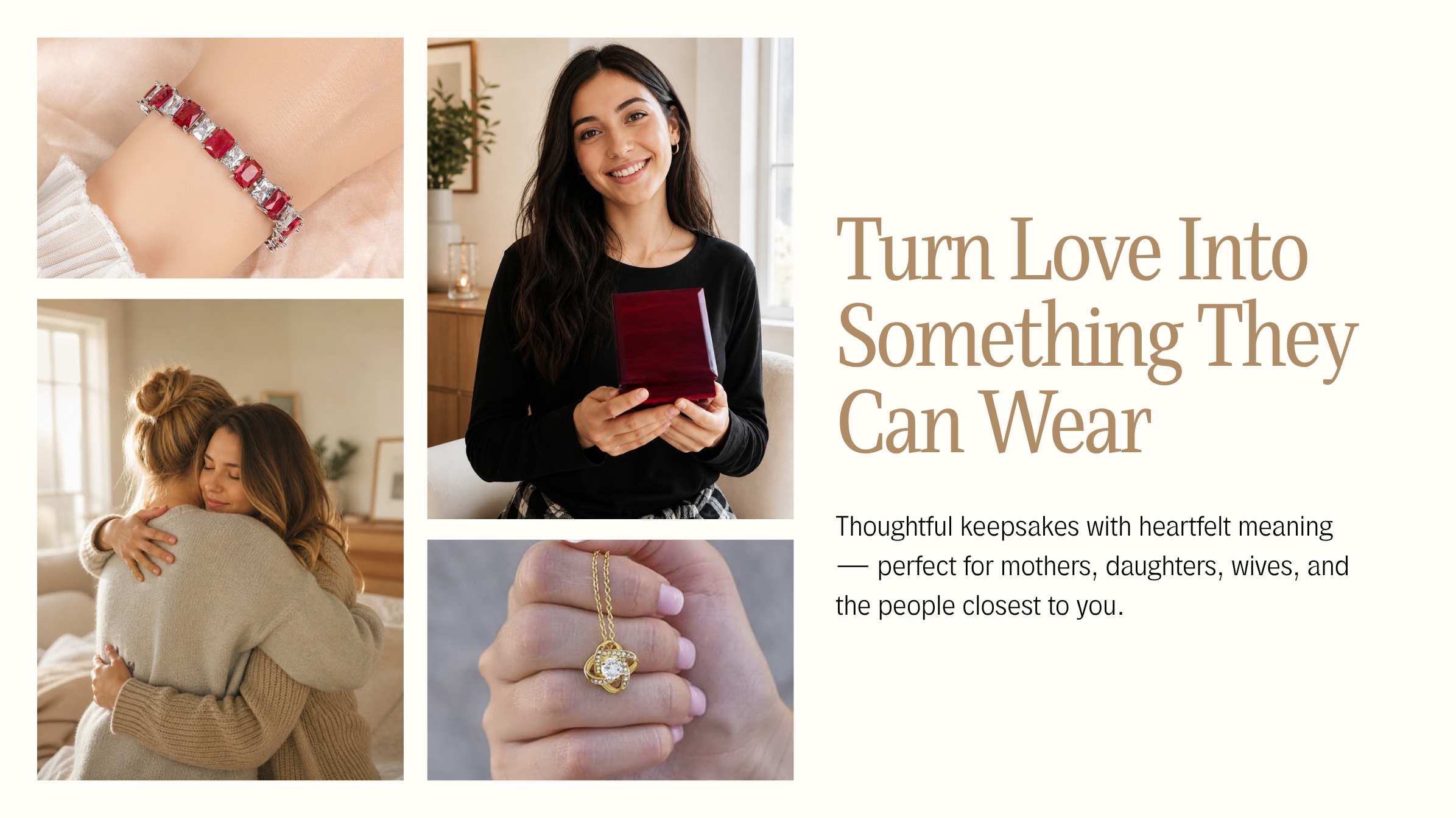 Advertisement for jewelry with a woman holding a red box, two people hugging, and a close-up of a hand wearing a gold ring.