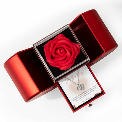 Red rose in a red box with a necklace on a white background