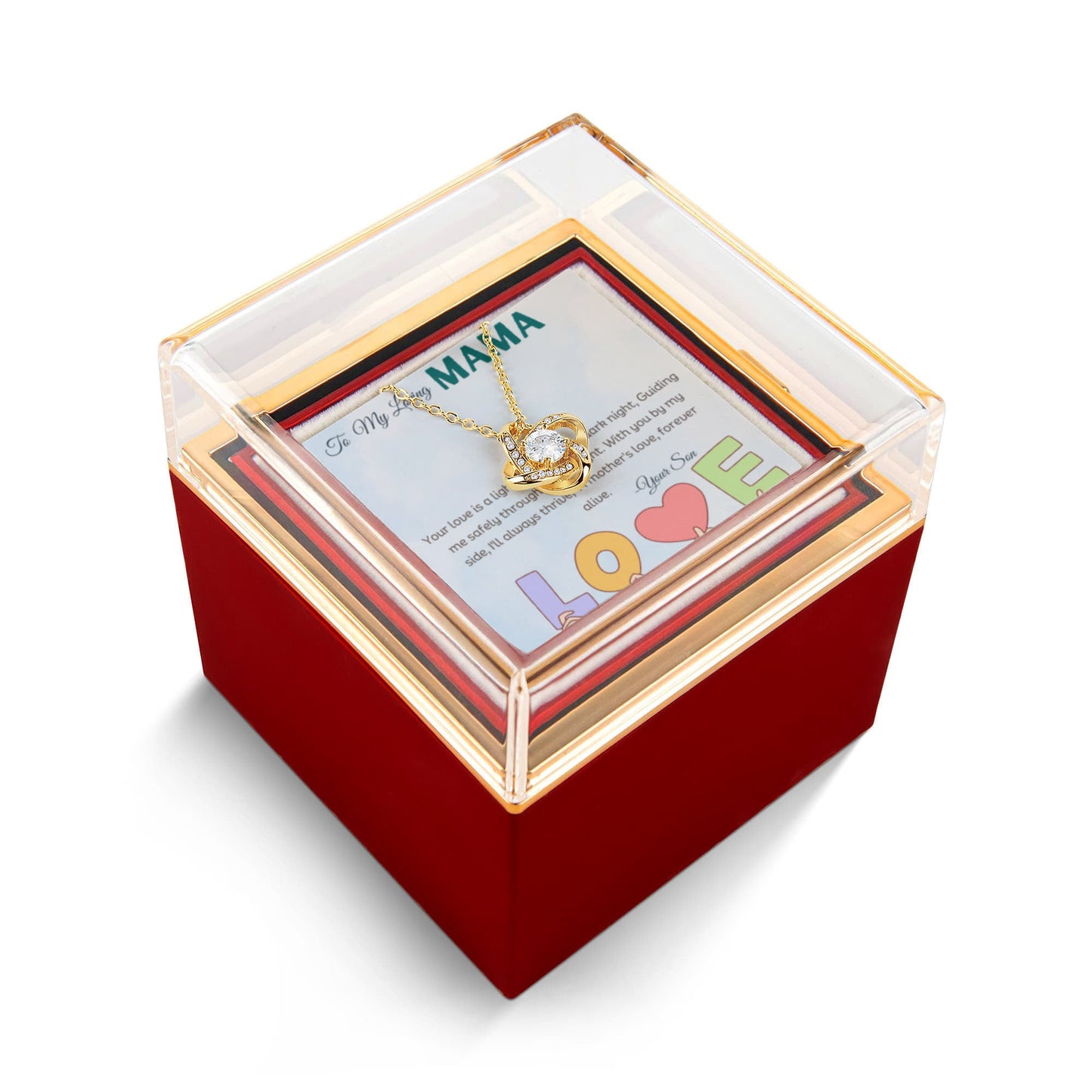 Love knot gold color necklace in a Rotating rose gift box with a message card in a white background