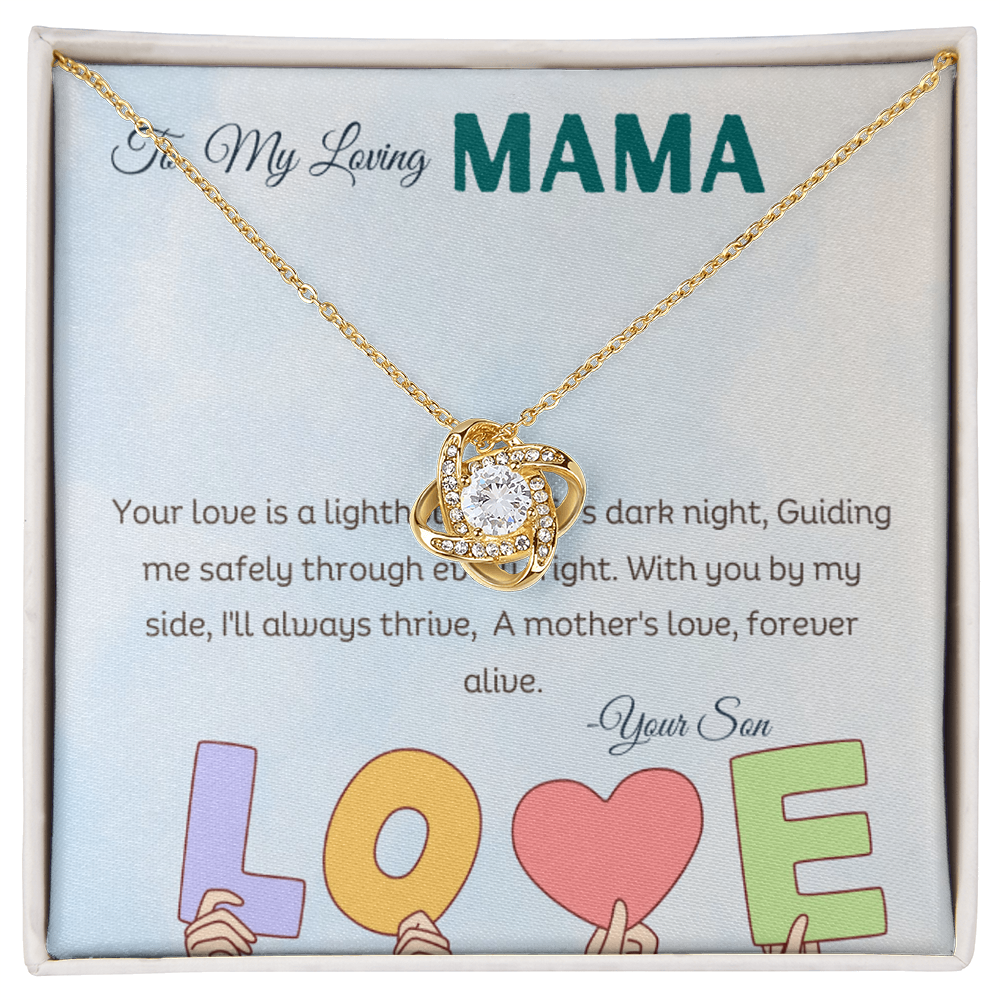 Love knot gold color necklace in a standard box with a message card 
