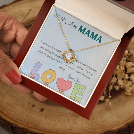 Love knot necklace in a luxury box with a beautiful background with a message card