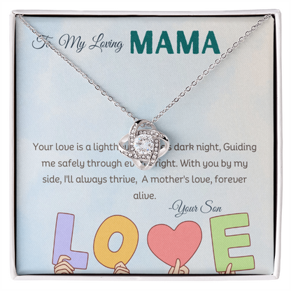 Love knot necklace in a standard box with a message card