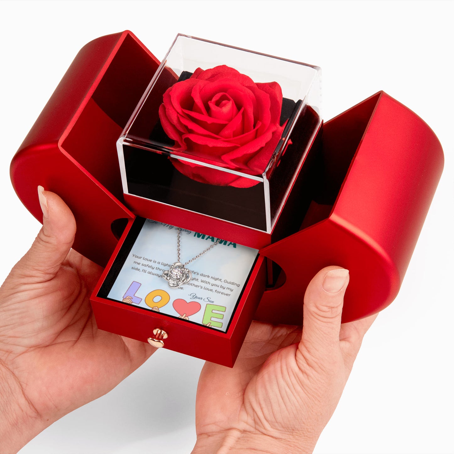 Love knot white  gold color necklace in a heart shaped rose gift box with a message card 