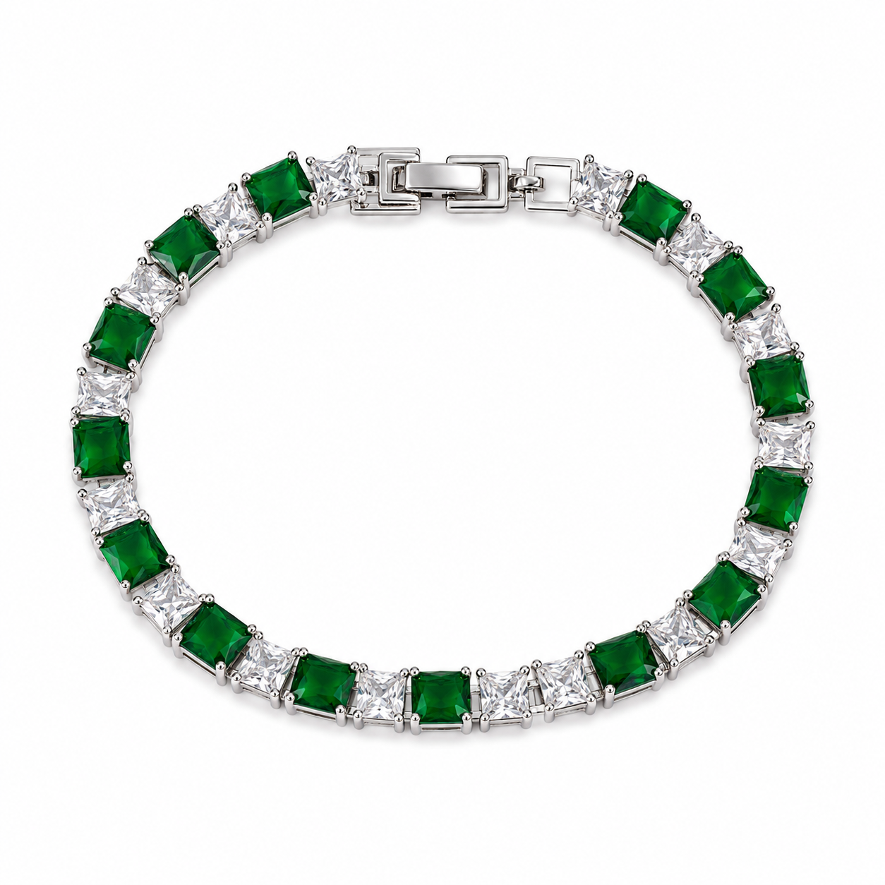 Bracelet with green gemstones and a silver clasp on a white background