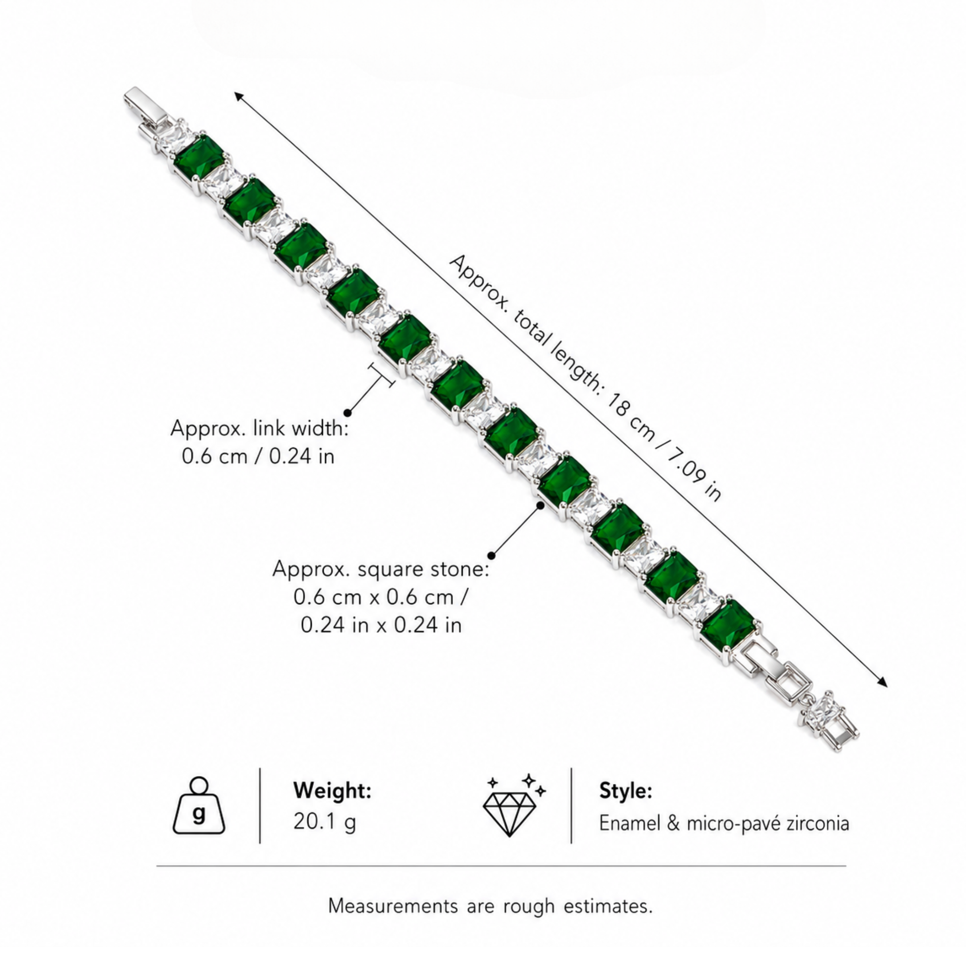 Bracelet with green stones and measurements on a white background