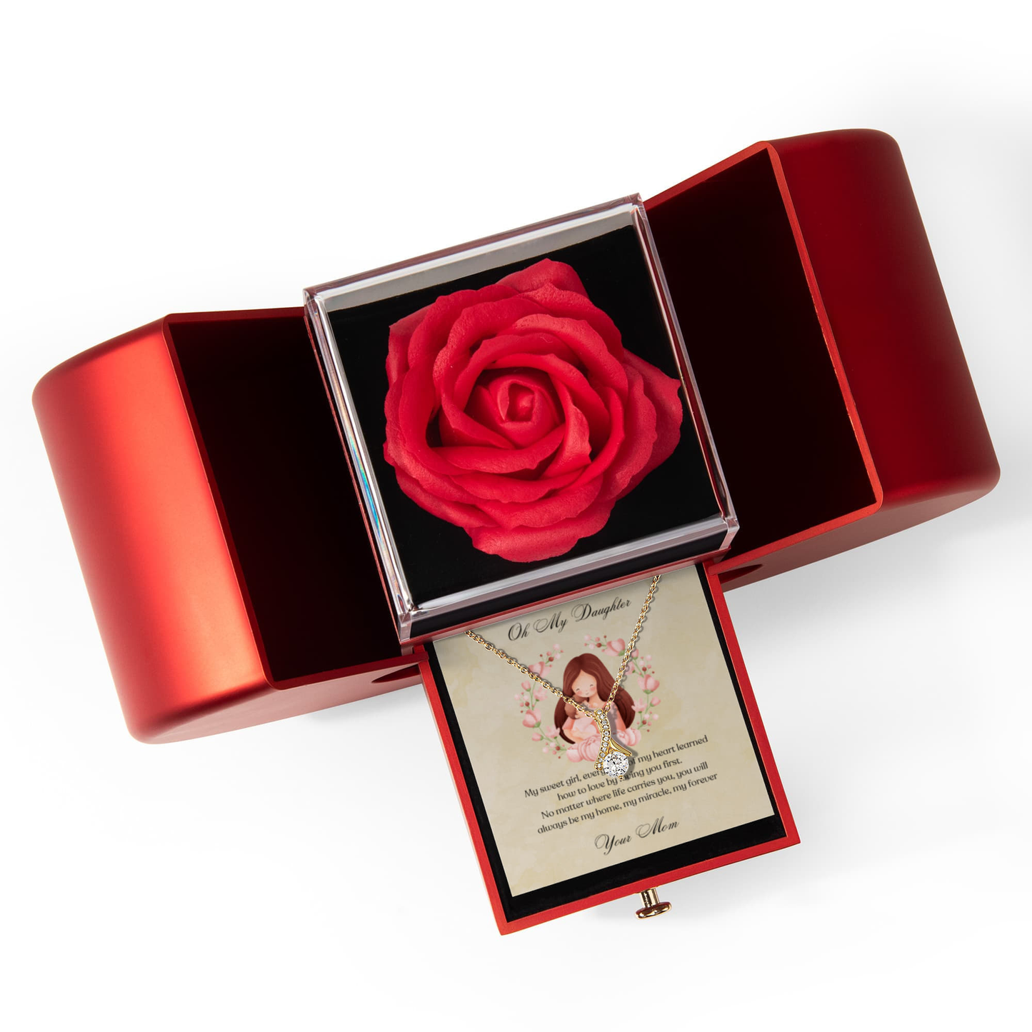 Red rose in a decorative heart shaped box with a necklace and card inside on a white back
