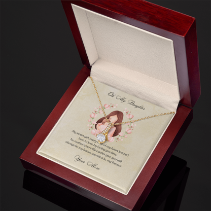 Necklace with a Alluring beauty pendant in an open Luxury jewelry box with a message card.