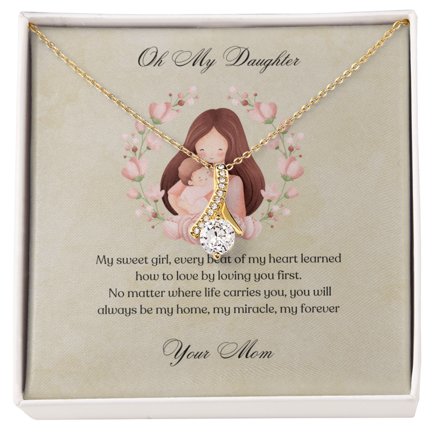 gold alluring beauty Necklace with pendant and card for daughter, featuring a mother and child illustration in standard box 