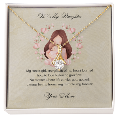 gold alluring beauty Necklace with pendant and card for daughter, featuring a mother and child illustration in standard box 