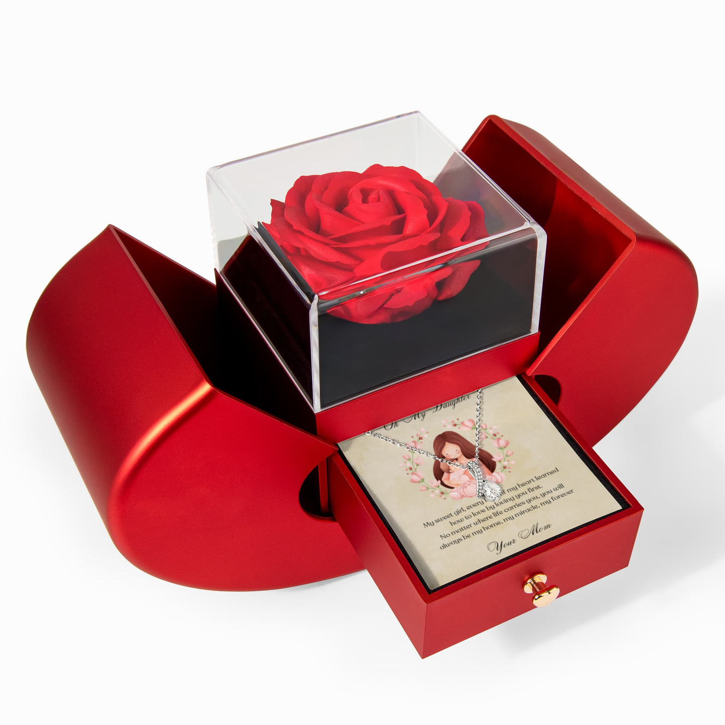 Red rose in a heart shaped box red box on a white background having the alluring beauty necklace