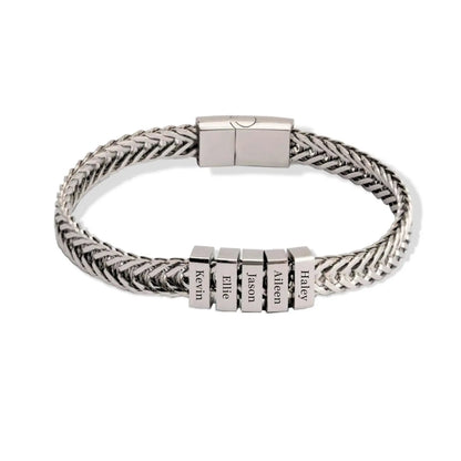 Silver braided bracelet with engraved name tags on a white background