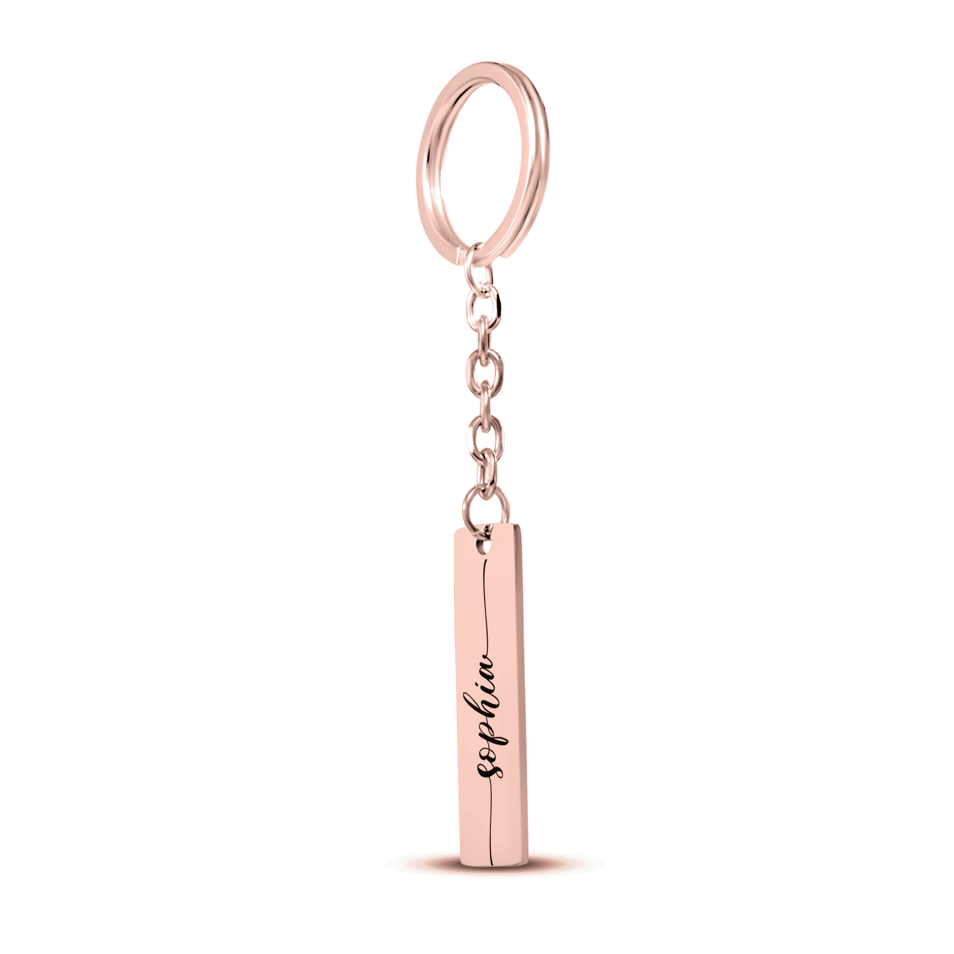 Rose gold keychain with a cylindrical tag engraved with 'Sophia' on a white background