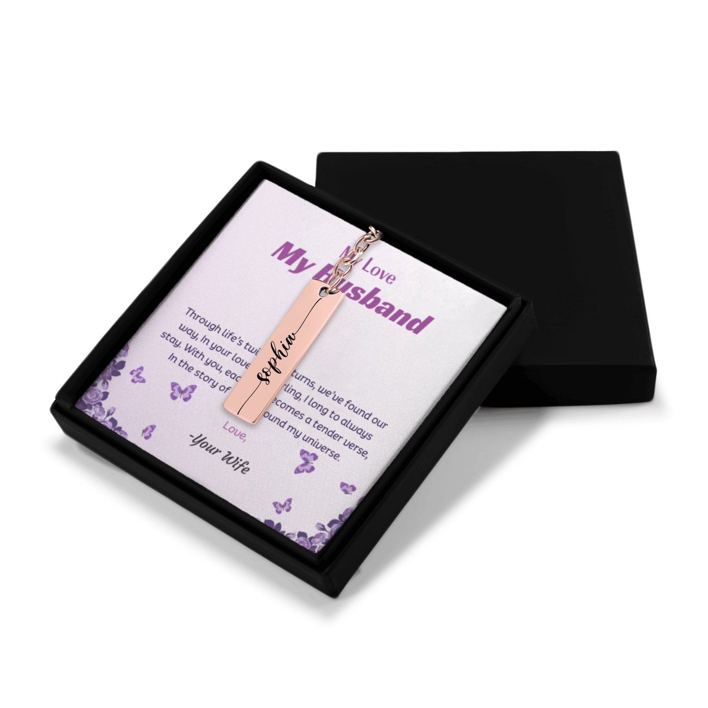 Personalized keychain with engraved message on a card in a black box