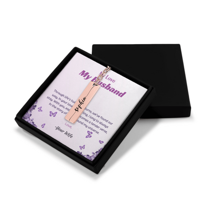 Personalized keychain with engraved message on a card in a black box