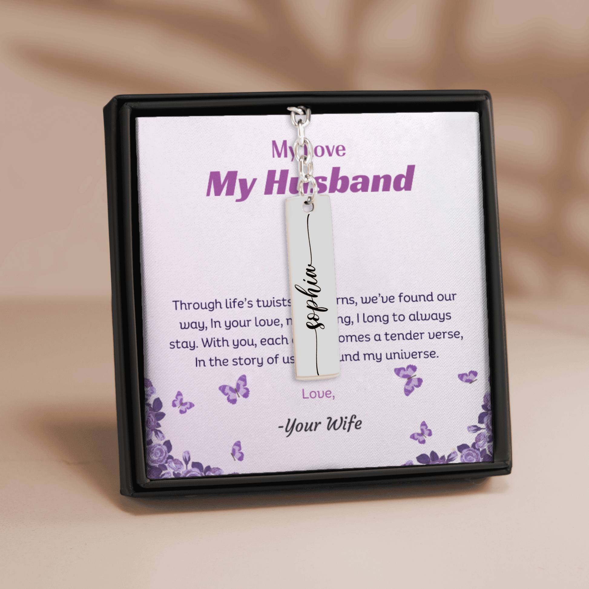 Personalized necklace with a tag in a decorative box, featuring a message for 'My Husband'.