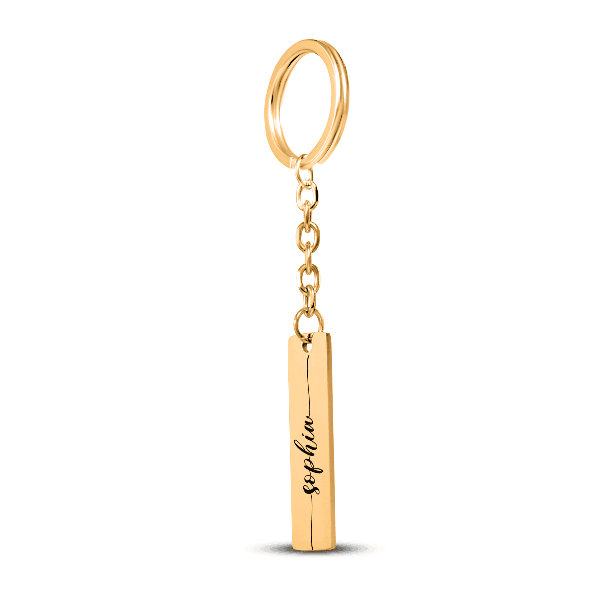 Gold keychain with a cylindrical tag engraved with 'Sophia' on a white background