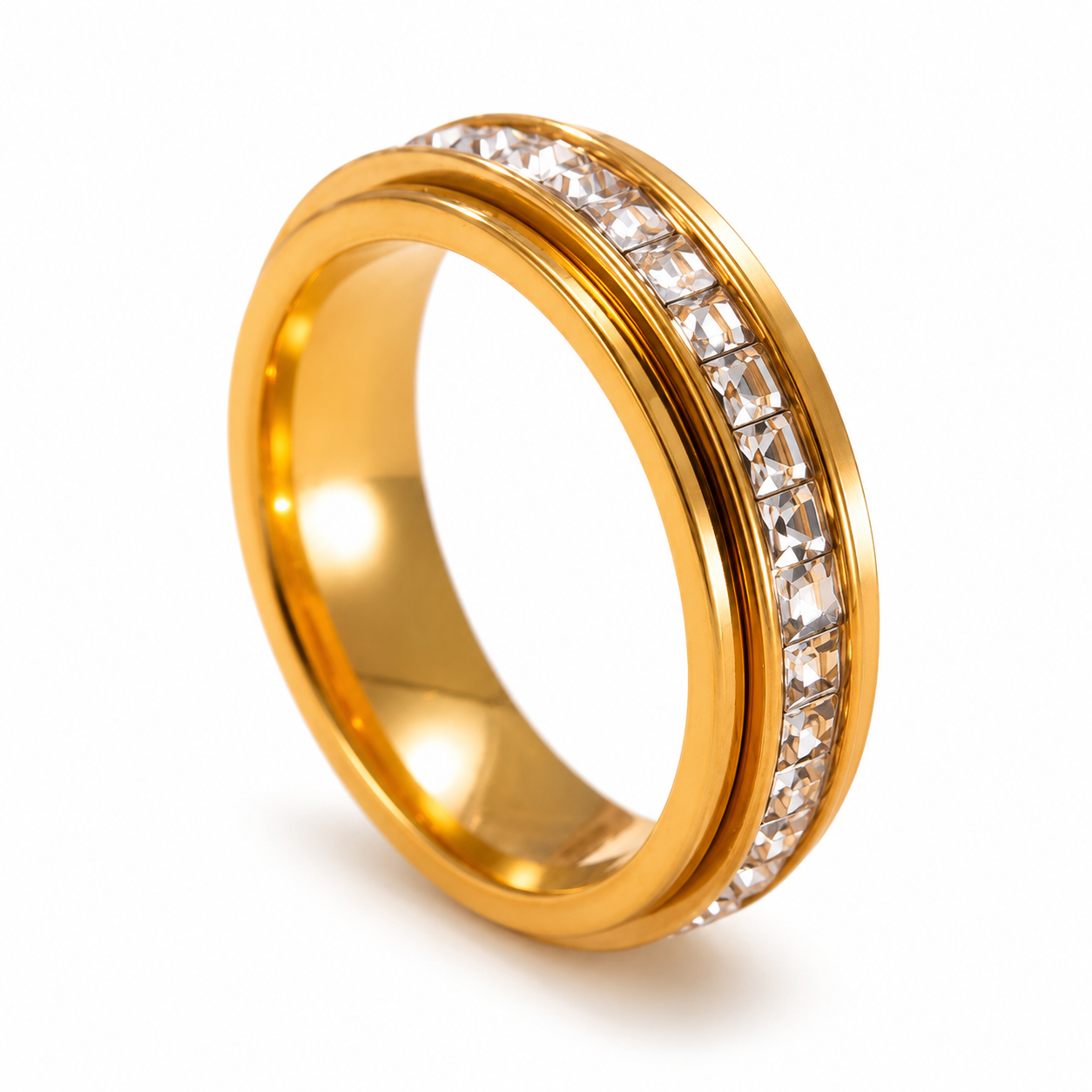 Gold ring with diamond accents on a white background