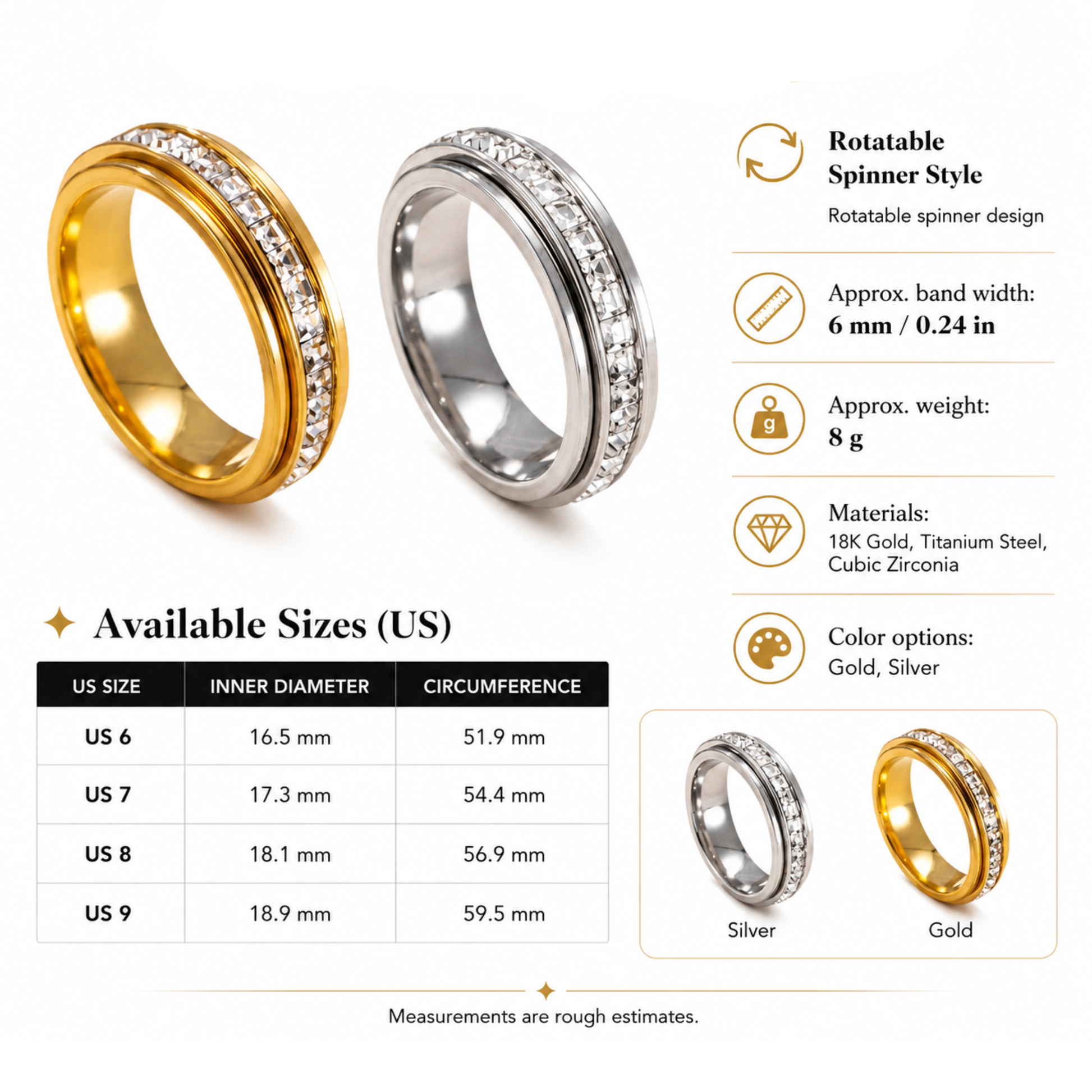 Gold and silver rings with size chart and material details on a white background