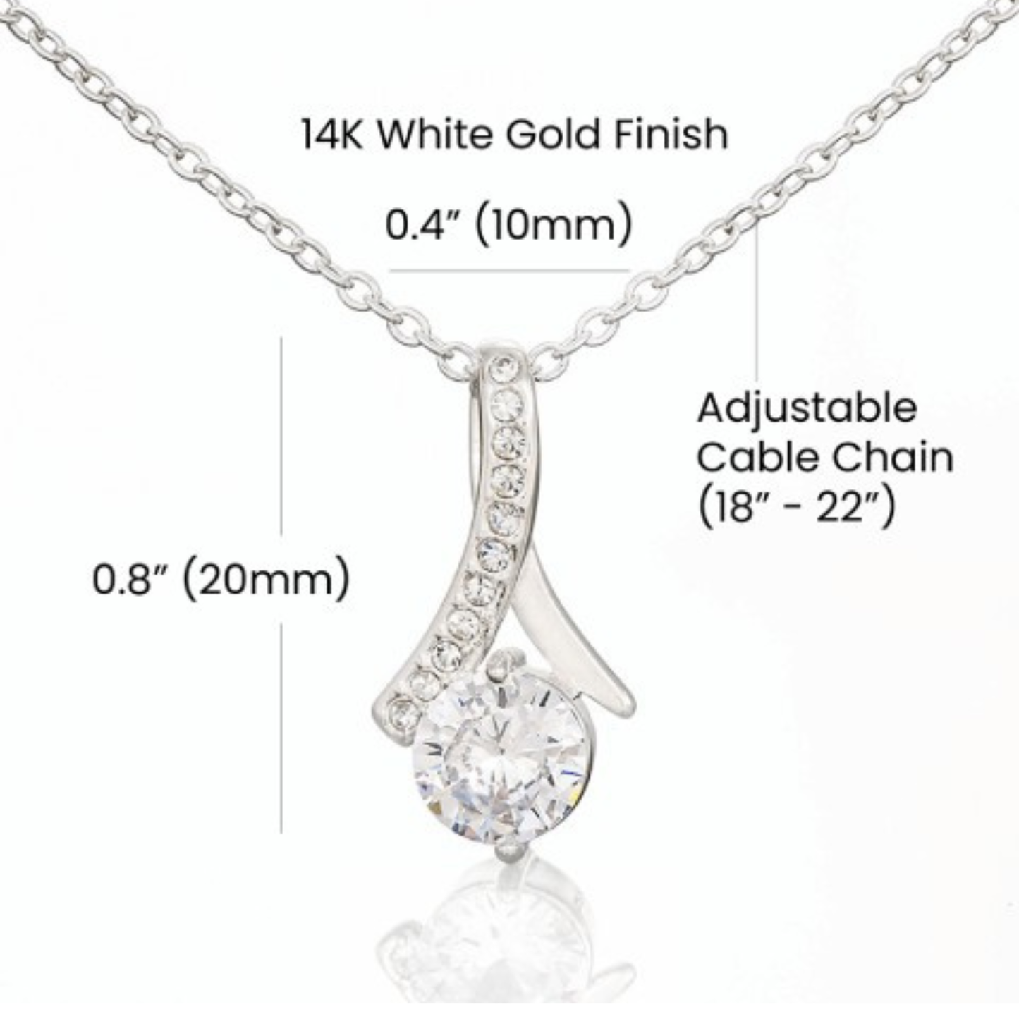 Silver pendant necklace with measurements on a white background