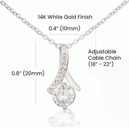Silver pendant necklace with measurements on a white background
