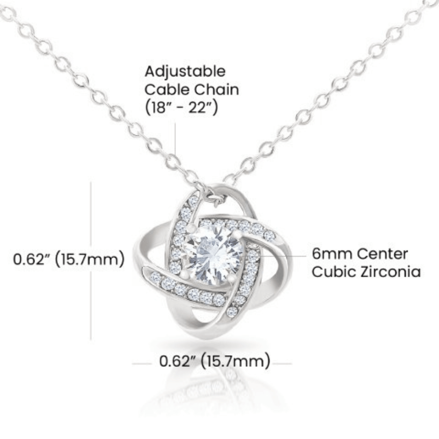 Silver necklace with a cubic zirconia pendant, showing measurements on a white background.