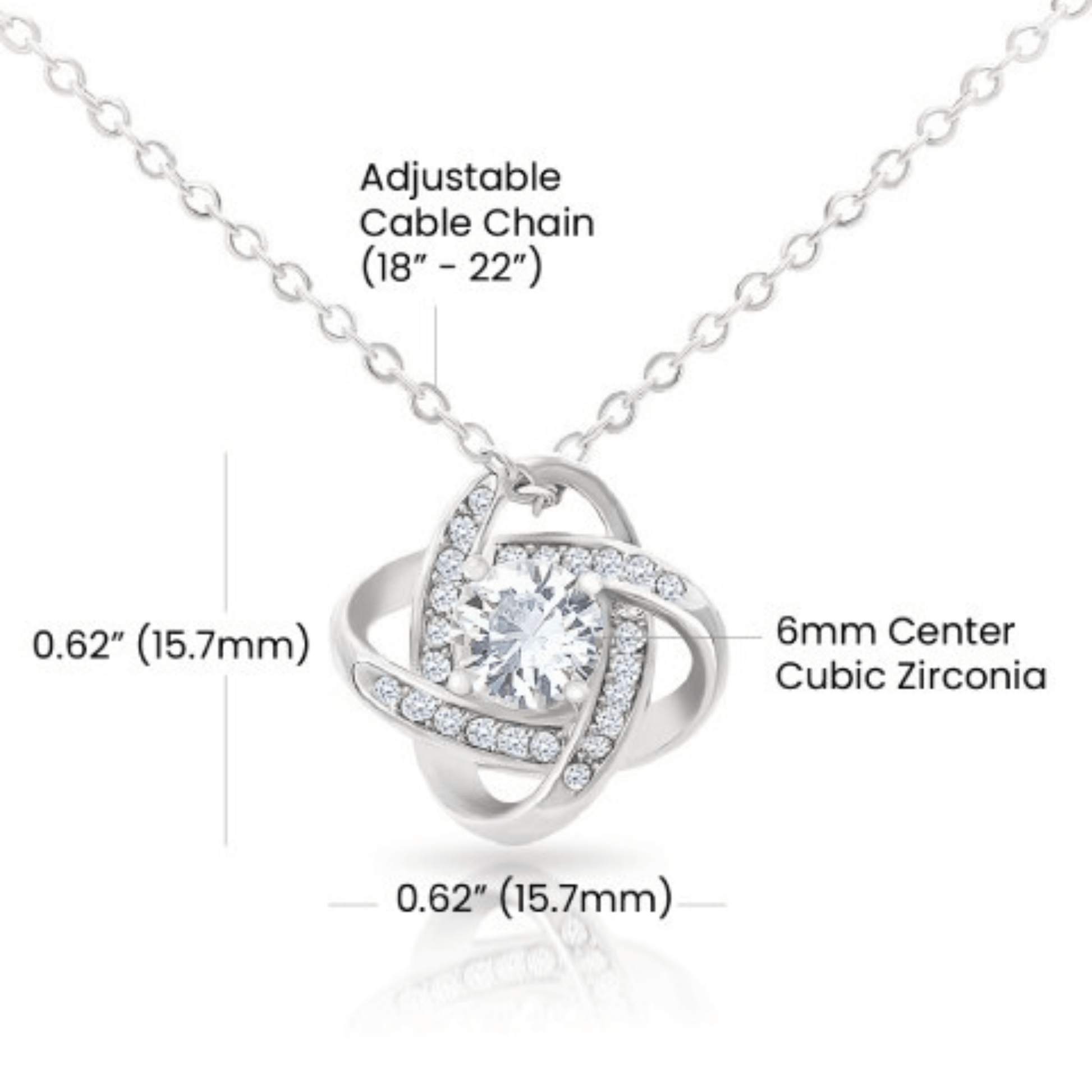 Silver necklace with a cubic zirconia pendant, showing measurements on a white background.