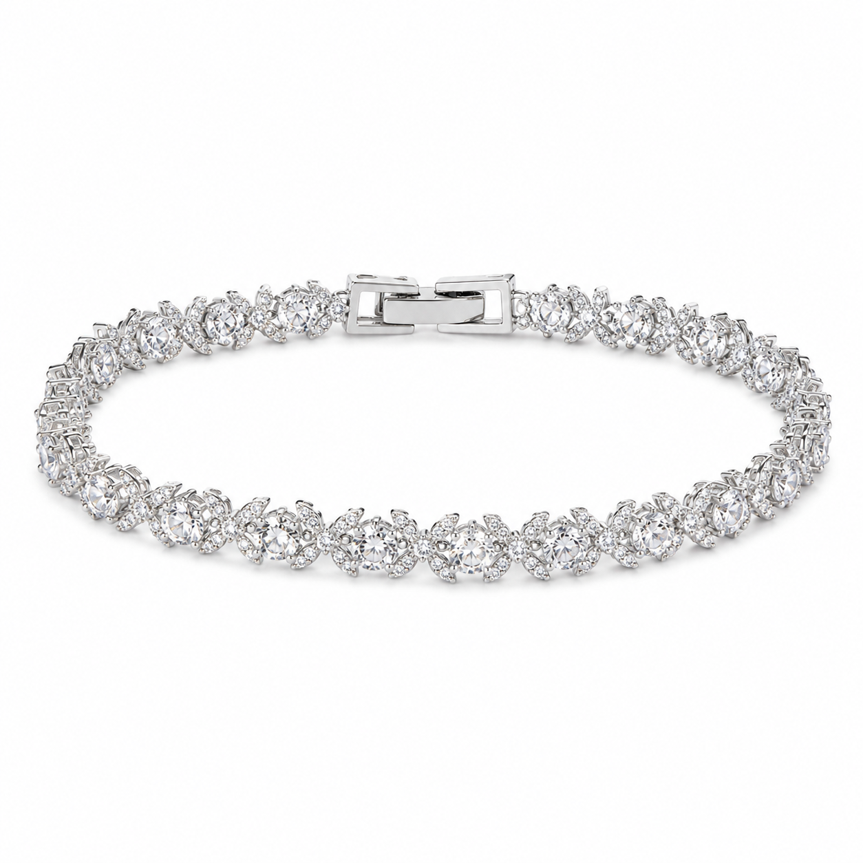 Silver bracelet with clear stones on a white background