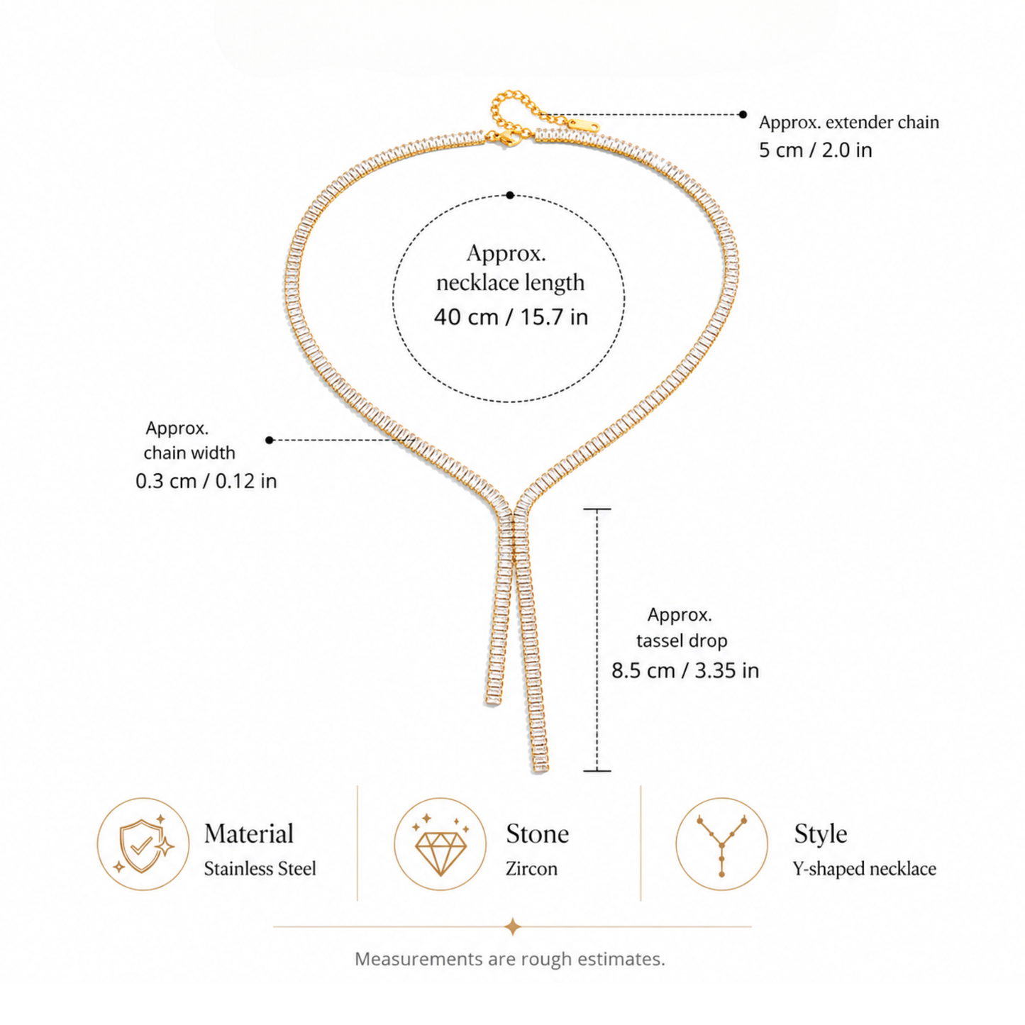 Gold necklace with measurements and material details on a white background