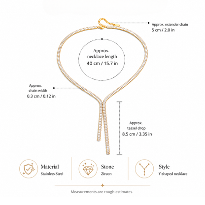 Gold necklace with measurements and material details on a white background