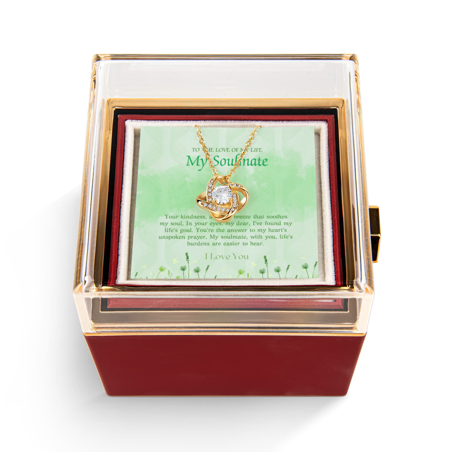 love knot necklace in rotating rose gift box yellow gold