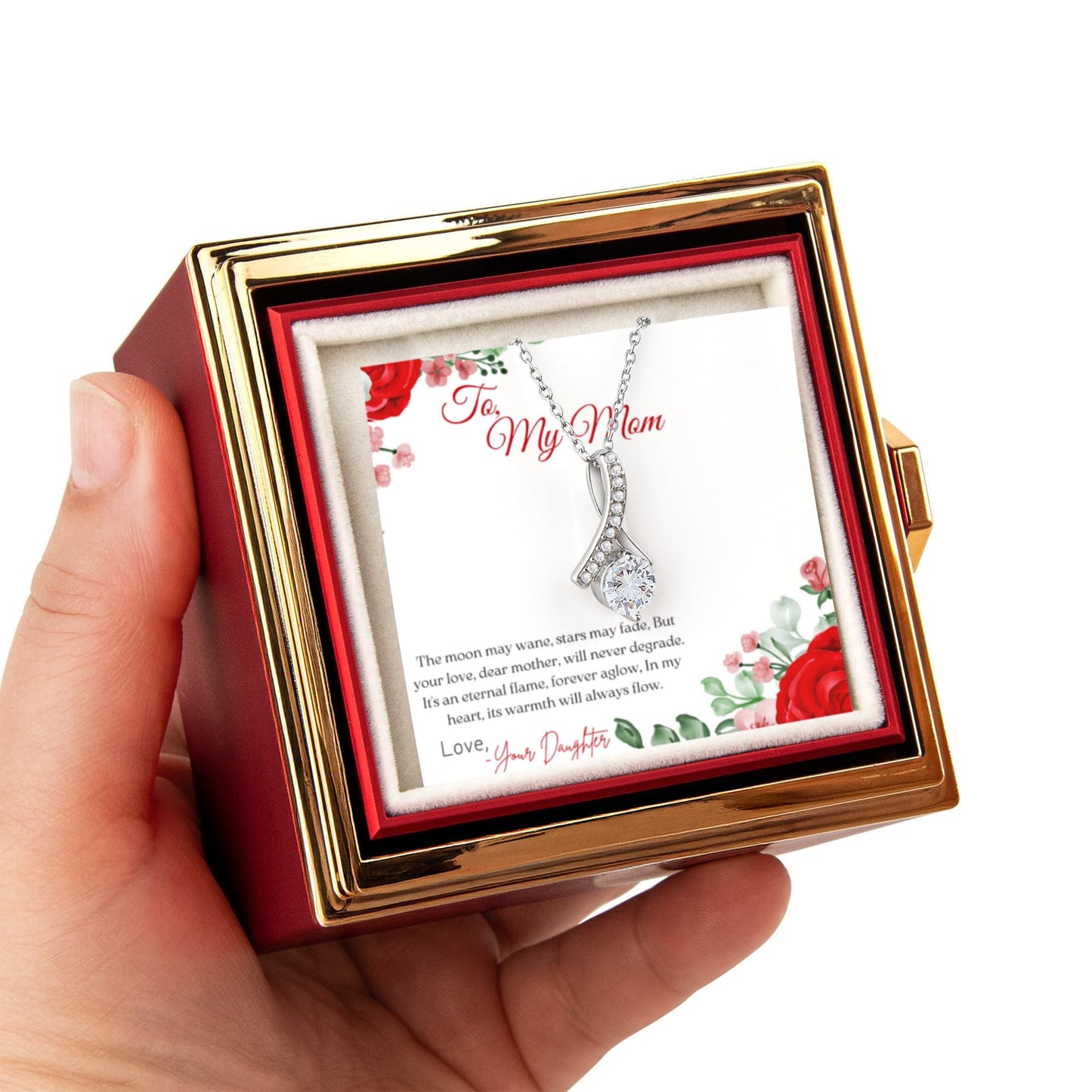 Alluring Beauty Necklace in a Rotating Rose Gift Box holding by a hand