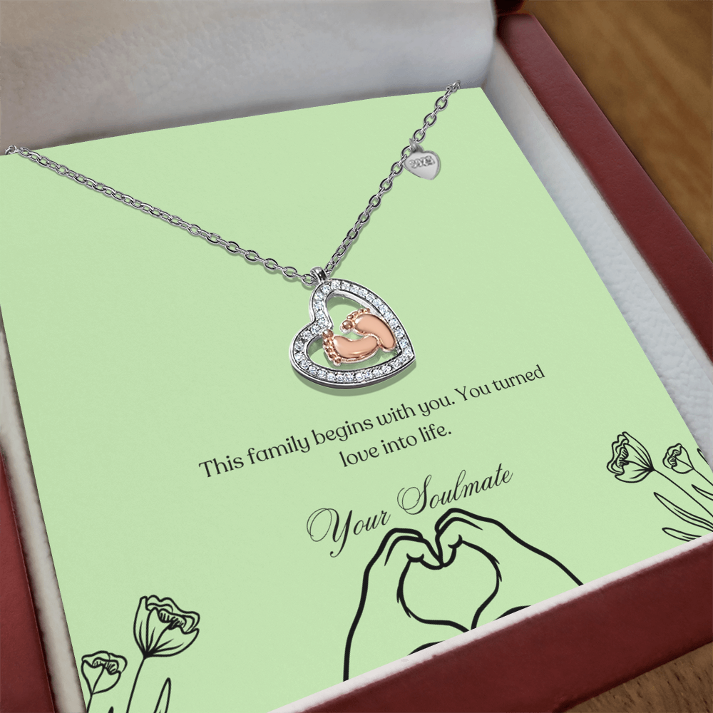 Baby feet necklace in a wooden box with LED with clear view
