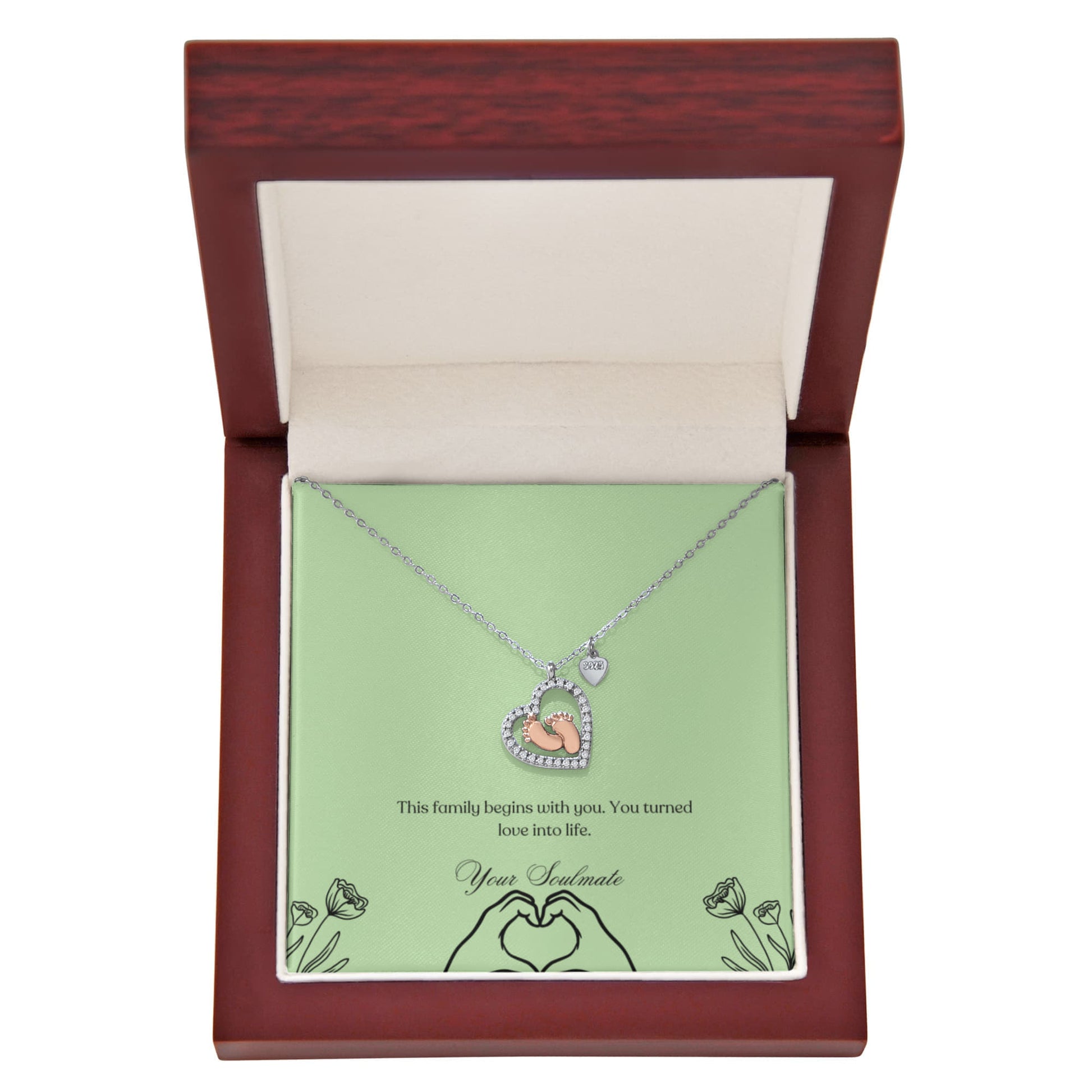 Baby feet necklace in a wooden box with LED
