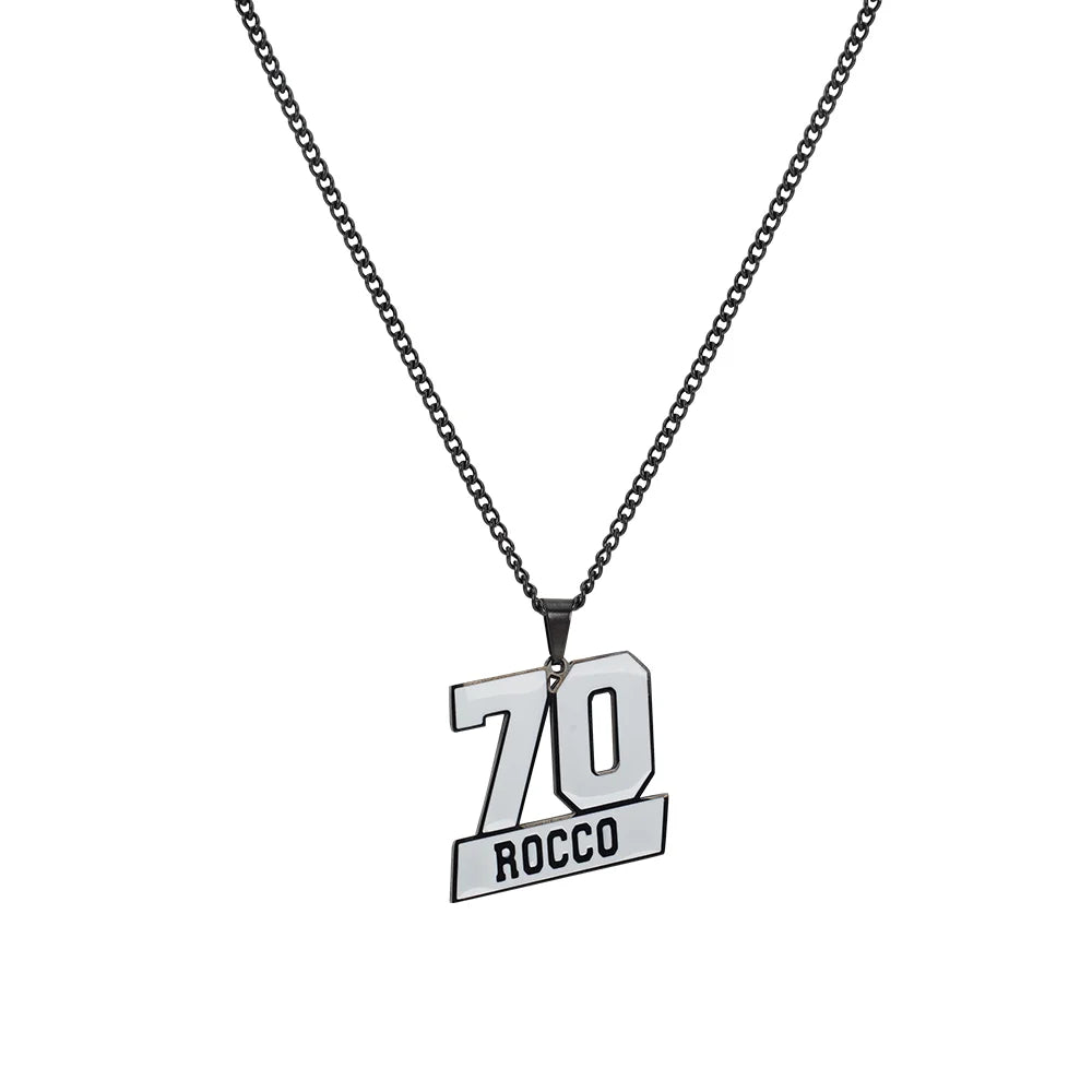 Necklace with a pendant displaying '70 Rocco' on a white background