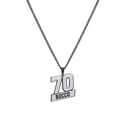 Necklace with a pendant displaying '70 Rocco' on a white background